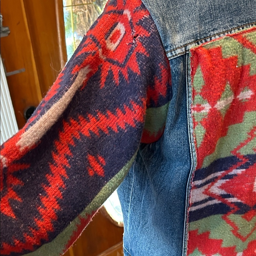 Upcycled Colorful Denim Jacket with Aztec Pattern - Picture 2 of 4